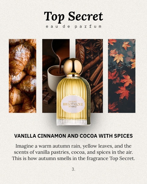 A high-end fragrance ad using a split-panel composition to evoke autumn moods through textures like pastries, cocoa, and fall leaves surrounding the product bottle.