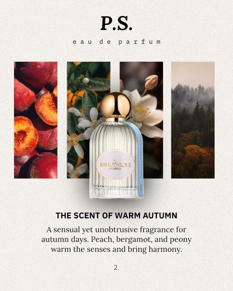 This 4:5 vertical ad uses a split-screen layout to highlight perfume ingredients alongside the primary bottle, conveying an autumnal mood.