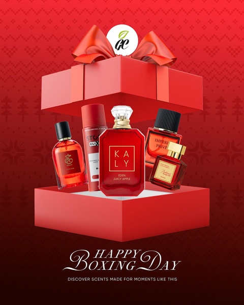 A festive, red-themed creative showcasing a collection of perfume bottles floating out of a gift box.