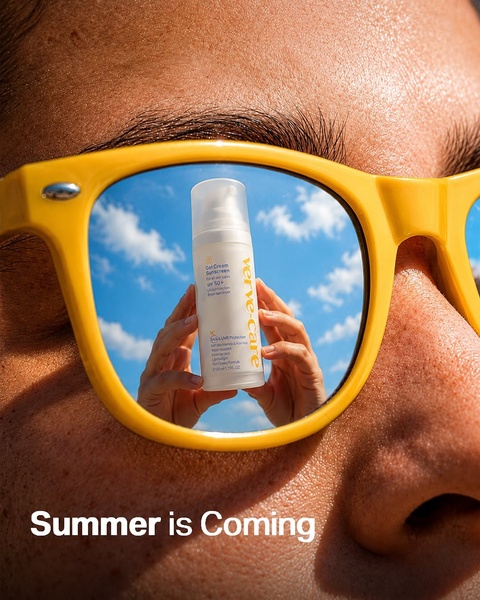 A close-up shot of a person wearing bright yellow sunglasses with a sunscreen bottle reflected in the lenses, suggesting the arrival of summer.