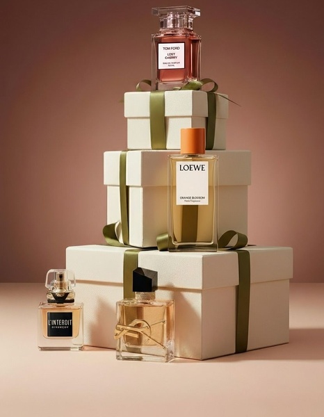 A high-end composition featuring multiple perfume bottles arranged on elegantly wrapped gift boxes in a studio setting.