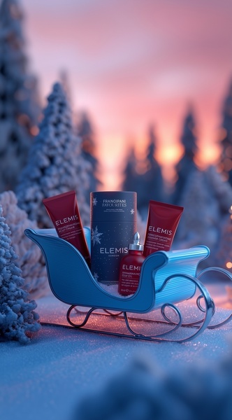 A festive 9:16 vertical creative featuring Elemis skincare products arranged in a miniature sleigh against a wintery, sunset forest backdrop.