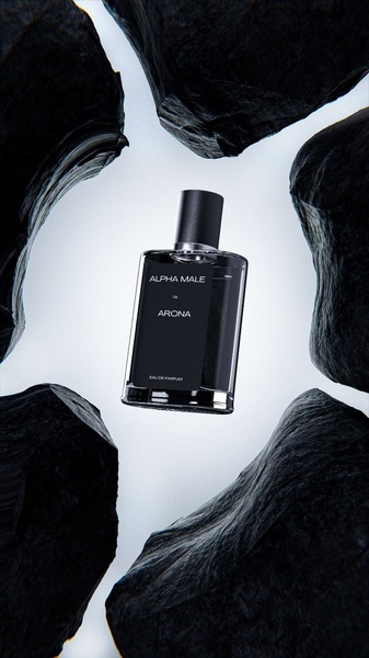 A high-end product visualization featuring a perfume bottle floating centrally, framed by dark, rough-hewn volcanic rock elements against a stark white backdrop.