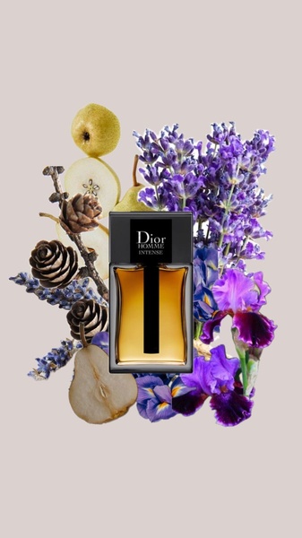 A high-end editorial display featuring the perfume bottle surrounded by its core aromatic notes, including lavender, iris, and pear.