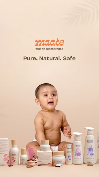 A clean, minimalist product hero shot featuring a baby surrounded by a complete range of organic baby skincare products.