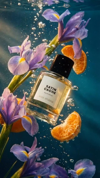 This creative showcases a luxury perfume bottle submerged in water surrounded by floating iris flowers and orange slices, creating a premium and sensory experience.