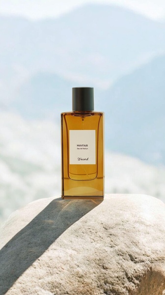 A high-end fragrance bottle is positioned on a rugged, light-toned stone against a blurred, soft-focus mountain backdrop.