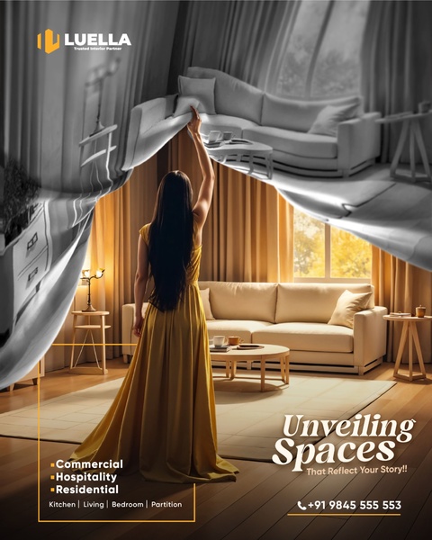 A high-quality 4:5 aspect ratio ad showing a seamless transition between an unstyled room and a fully furnished interior space.