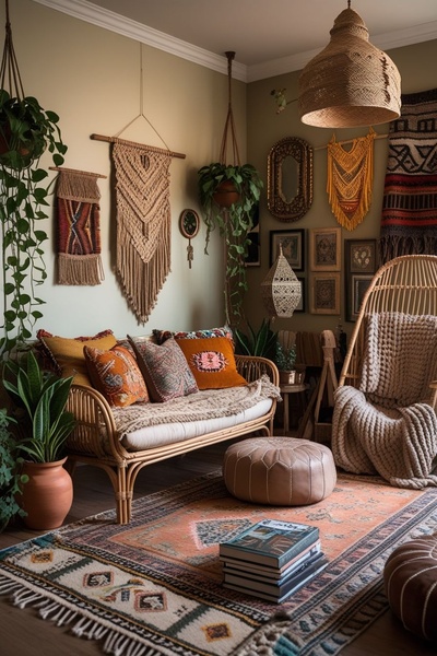A high-fidelity, lifestyle-focused image showcasing a curated boho living space filled with rattan furniture, macrame wall art, and warm organic textiles.