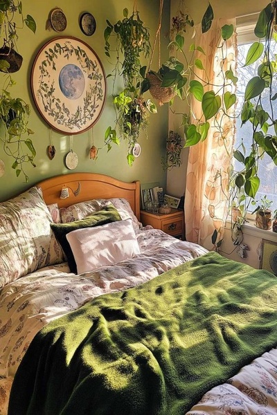 A warm, natural bedroom scene showcasing a bedding set with lush hanging plants and golden hour light.