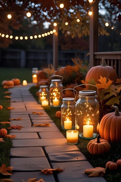A high-quality 2_3 vertical image showcasing glass mason jars filled with warm fairy lights, lined along a stone garden path amidst autumn leaves and pumpkins.