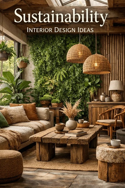 An aspirational lifestyle image showcasing sustainable interior decor through natural textures, warm lighting, and a living green wall.
