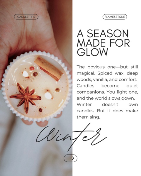 A close-up shot of a person holding a spiced candle, featuring warm lighting and emotive seasonal copywriting.