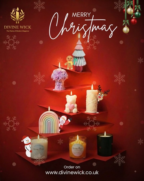 A festive, creative display arranging various scented candles in the shape of a Christmas tree, decorated with holiday-themed character stickers.