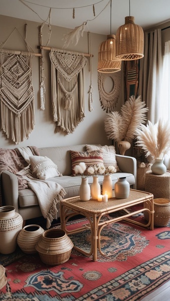 A vertically-oriented interior design shot featuring layered macrame wall art, rattan furniture, and warm ambient lighting to establish a cohesive brand mood.