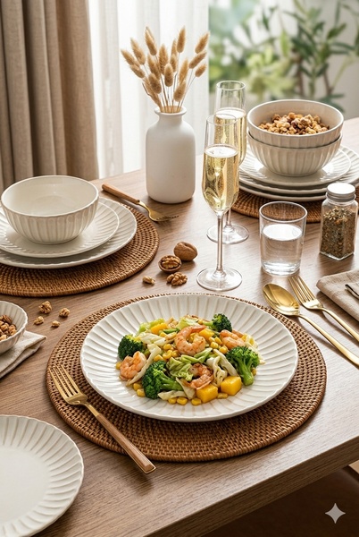 A high-end, clean-styled tabletop shot featuring a shrimp stir fry dish, elegant glassware, and organic textures.