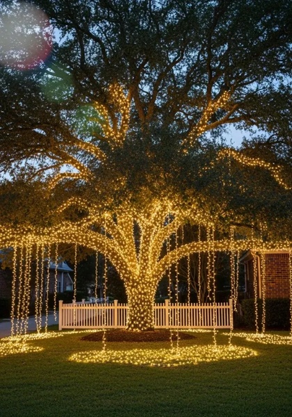 A tall, mature tree fully wrapped in golden fairy lights, creating a warm and inviting atmosphere against an evening sky.