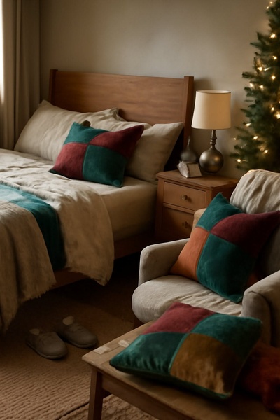 A warm, inviting bedroom scene featuring patchwork throw pillows on a bed and an armchair, accented by soft holiday lighting.