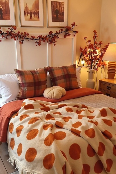 A cozy, fall-themed bed display featuring orange plaid pillows and a cream-colored polka dot throw blanket to evoke a warm, seasonal atmosphere.