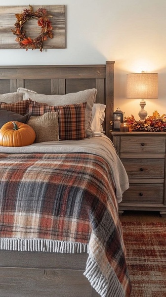 A high-angle shot of a styled bedroom featuring autumn colors, plaid textures, and a decorative pumpkin for a warm, seasonal atmosphere.