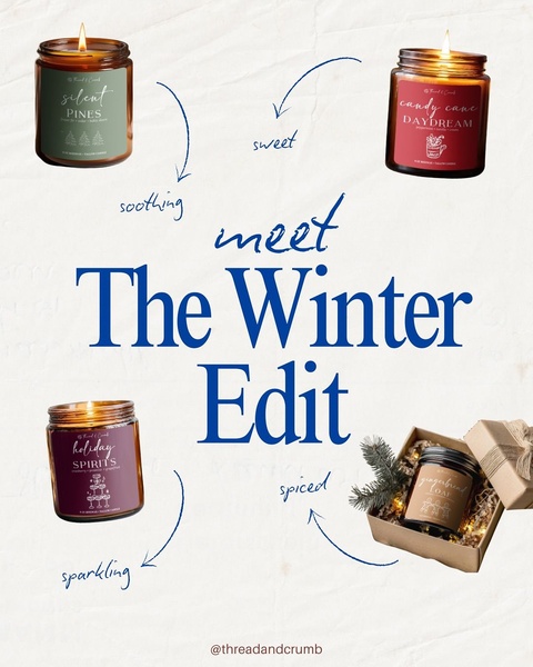 A curated seasonal ad showing four distinct candle scents arranged in a clean, minimalist layout with directional cues and evocative sensory labels.
