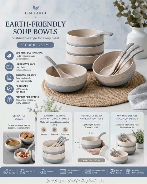 A clean, high-contrast product assembly showcase featuring rice husk soup bowls with clear call-out icons for material and durability benefits.