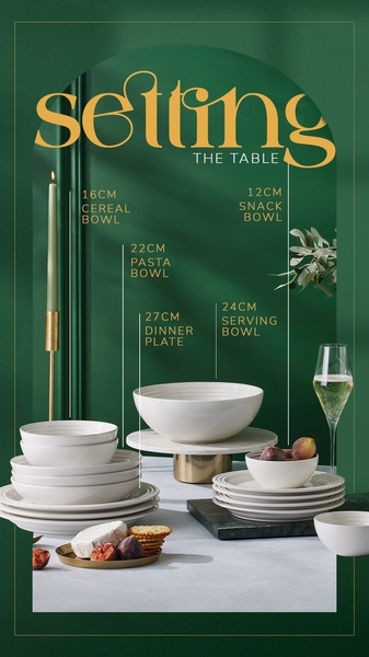 A sophisticated, high-contrast ad featuring a full dinnerware collection with clear, labeled dimensions against a deep green backdrop.