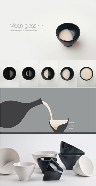 This creative demonstrates the unique design of a ceramic rice wine glass by visually mapping the level of liquid to moon phases.