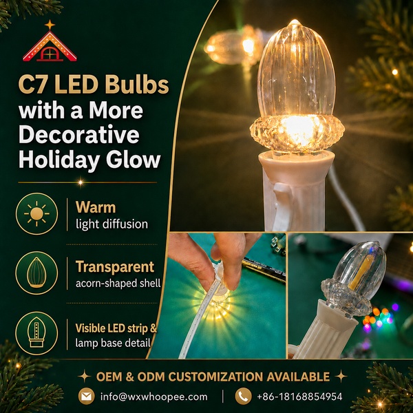 A feature-focused ad showing the warm diffusion and acorn-shaped detail of C7 LED bulbs for holiday lighting.