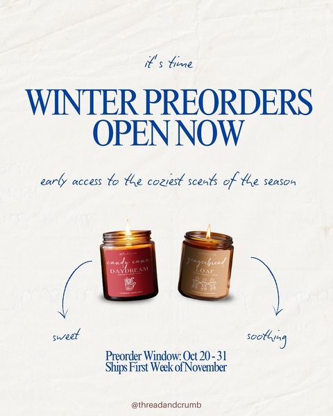 A clean, text-driven 4:5 vertical ad announcing seasonal candle preorders with a clear timeline and distinct sensory value propositions.