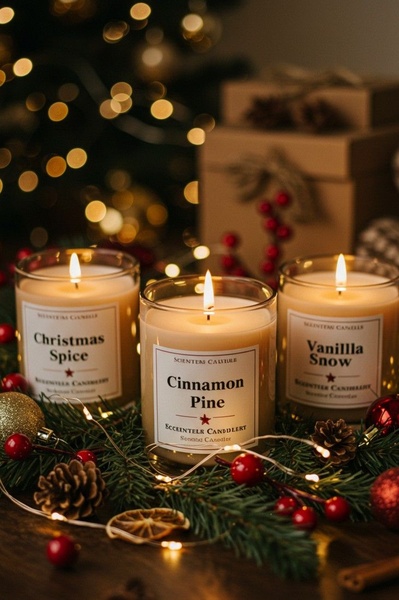 A high-quality, festive product hero shot featuring three candles surrounded by holiday decor such as pine cones, berries, and warm, bokeh-style fairy lights.
