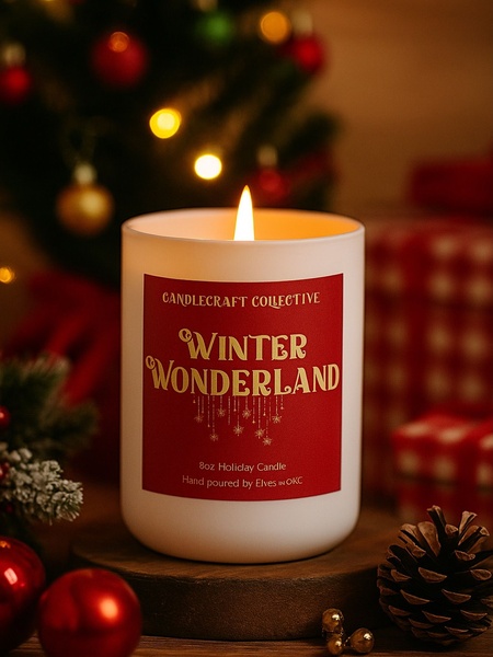 A close-up, high-quality product shot of a white candle labeled 'Winter Wonderland' set against a blurred background of festive Christmas lights and ornaments.