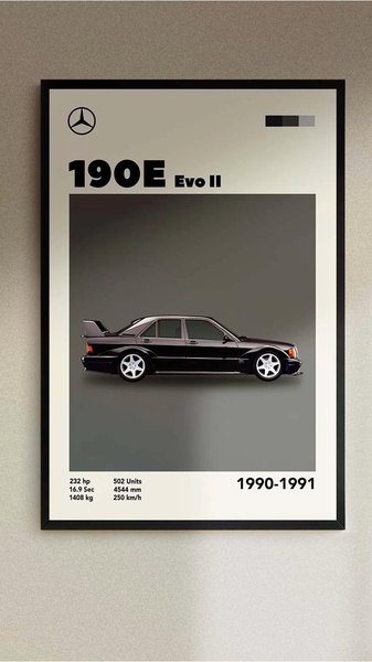 A clean, minimalist poster featuring the 190E Evo II with technical specifications displayed below the vehicle.