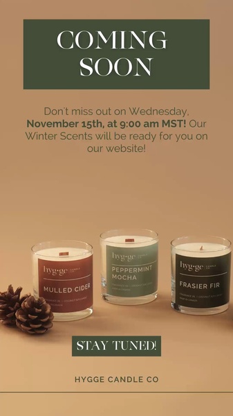 A clean, minimalist product hero shot featuring three winter-scented candles, using a clear date-based countdown to build urgency for a new collection.