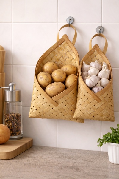A clean, minimalist shot featuring woven baskets hung on a tiled wall, neatly holding fresh potatoes and garlic, emphasizing home organization.