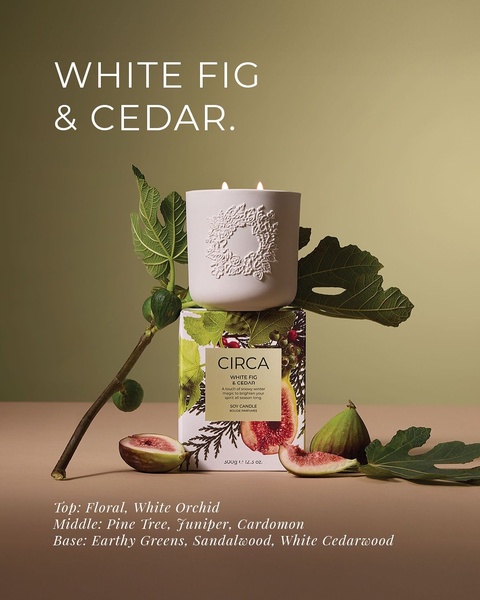 A high-end, minimalist studio photograph of a scented candle surrounded by fresh figs and greenery against a muted olive background.