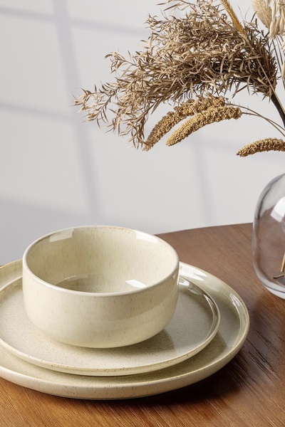 A clean, high-end product shot featuring a speckled ceramic bowl and matching plates on a wood table, accented by dried botanicals.