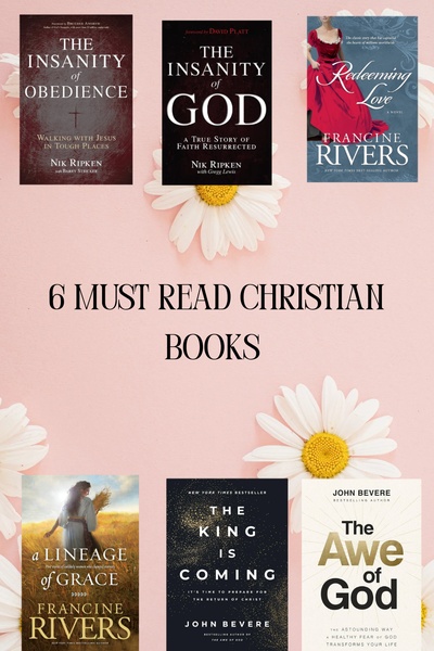 A vertical 2:3 graphic featuring a curated collection of six popular Christian books against a soft pink daisy background.