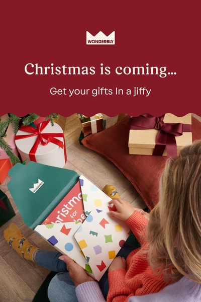 This ad creative features a child opening a personalized book, using a warm holiday theme and urgent messaging to drive seasonal purchases.