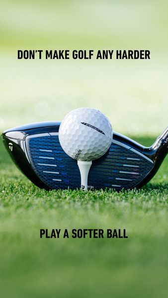 A vertical ad creative featuring a golf ball resting on a tee in front of a club face with bold, high-contrast text.