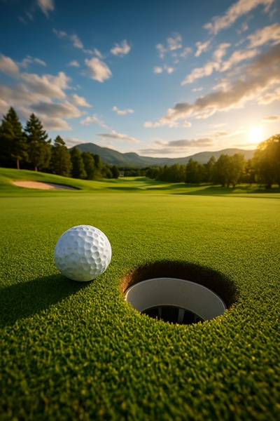 A close-up shot of a golf ball sitting on the edge of the hole on a pristine green, highlighting precision and achievement.