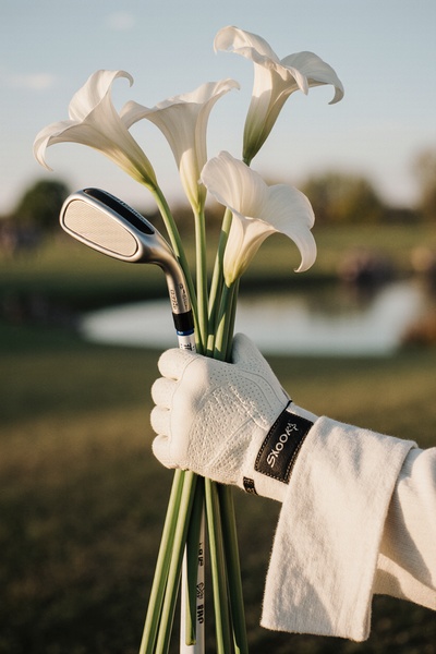 A high-end, editorial-style composition featuring a golf club held like a bouquet of calla lilies, utilizing soft morning light and a shallow depth of field.