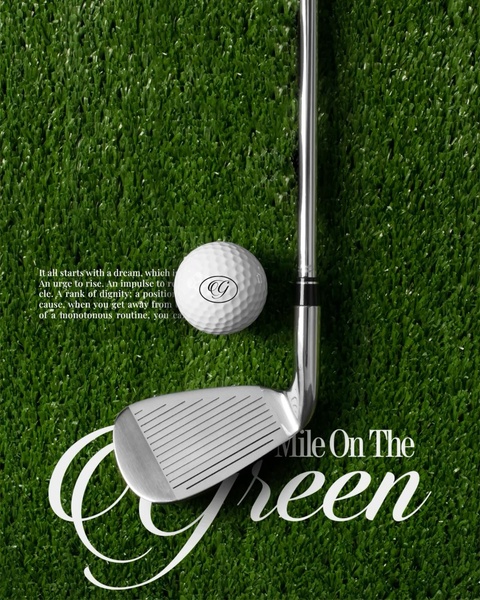 A refined, top-down shot of a golf club resting on pristine green turf next to a logo-branded golf ball, creating an aspirational atmosphere.