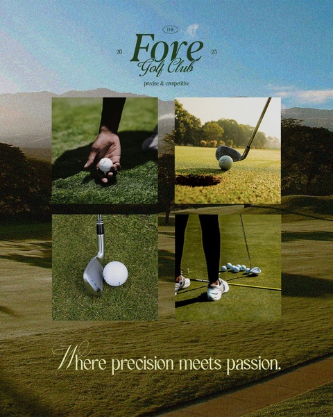 A sophisticated, high-end 4:5 aspect ratio ad featuring a four-panel grid layout that highlights the precision of golf, from placing the ball to the final stroke.
