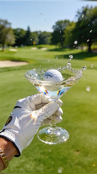 A high-fashion, 9:16 vertical shot of a golf ball inside a crystal martini glass held by a golfer, showcasing a premium, aspirational brand aesthetic.