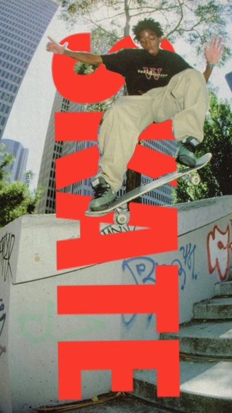 A vertical-format ad creative featuring a skateboarder mid-air with bold red overlay text.