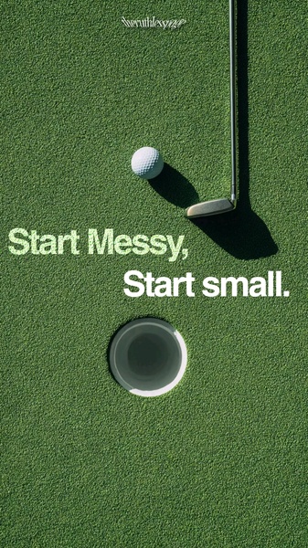 A high-contrast top-down view of a golf ball and putter next to a hole on a green, using minimal text to convey a strong brand philosophy.