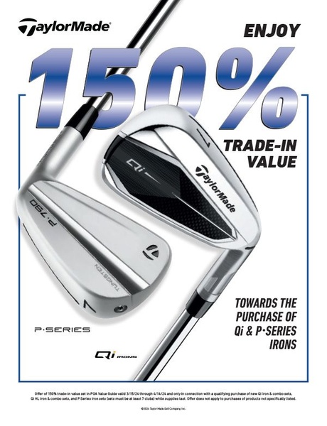A high-contrast promotional graphic highlighting a 150% trade-in value offer for new iron sets, utilizing a clean, professional aesthetic.
