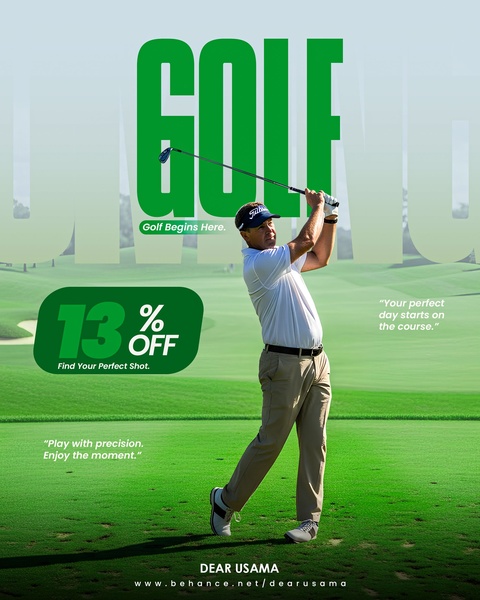 This static creative showcases a golfer mid-swing on a golf course with a bold percentage discount overlay to attract sports enthusiasts.
