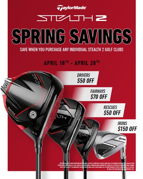 A clean, high-contrast promotional graphic highlighting tiered discount pricing across multiple individual golf club categories during a limited-time spring sale.